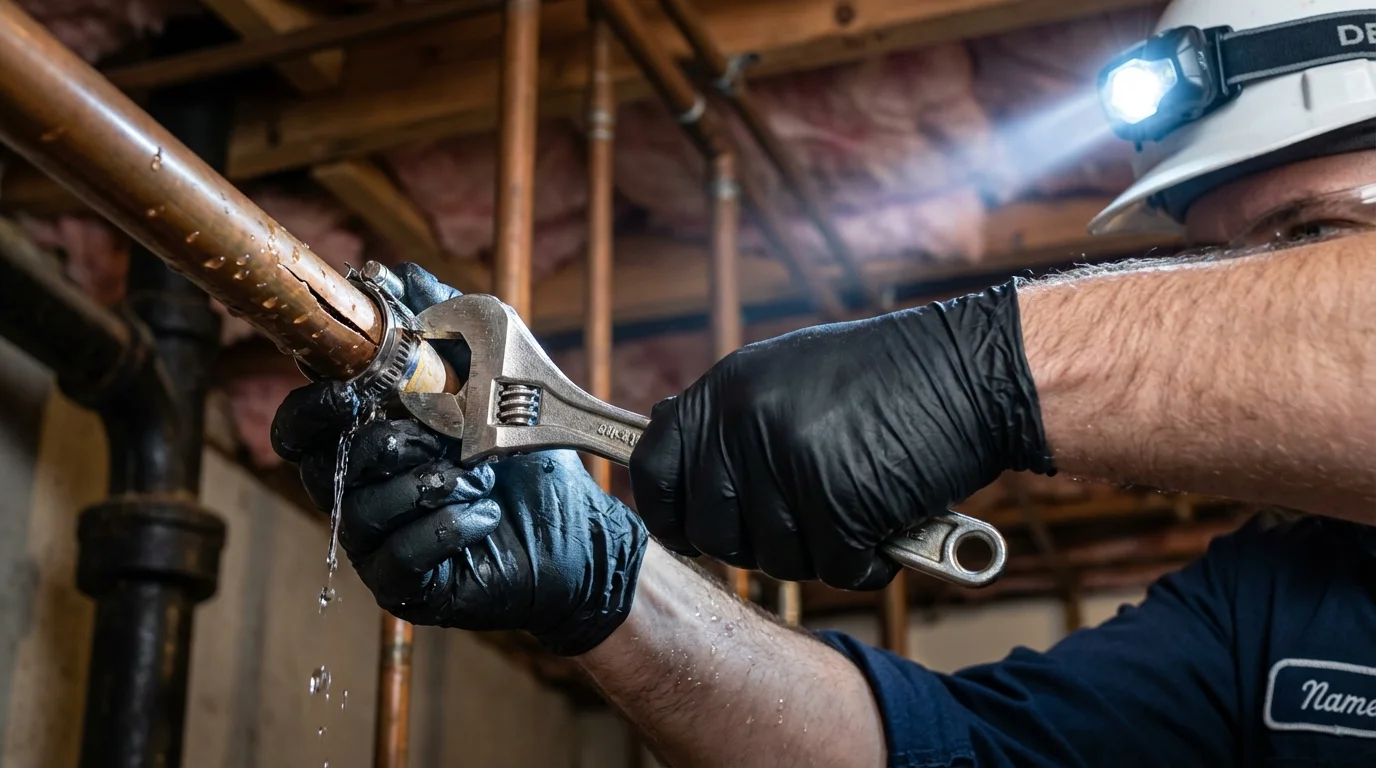 Emergency pipe clamp repair being performed by a Johns Plumbing LLC plumber in Pelican Rapids