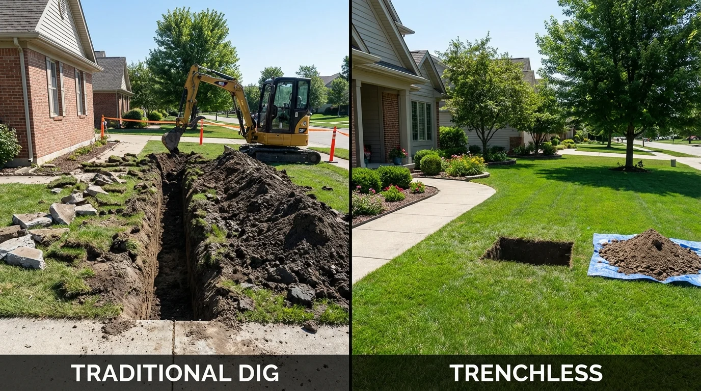 Trenchless sewer repair with minimal yard damage versus traditional excavation in Pelican Rapids, MN