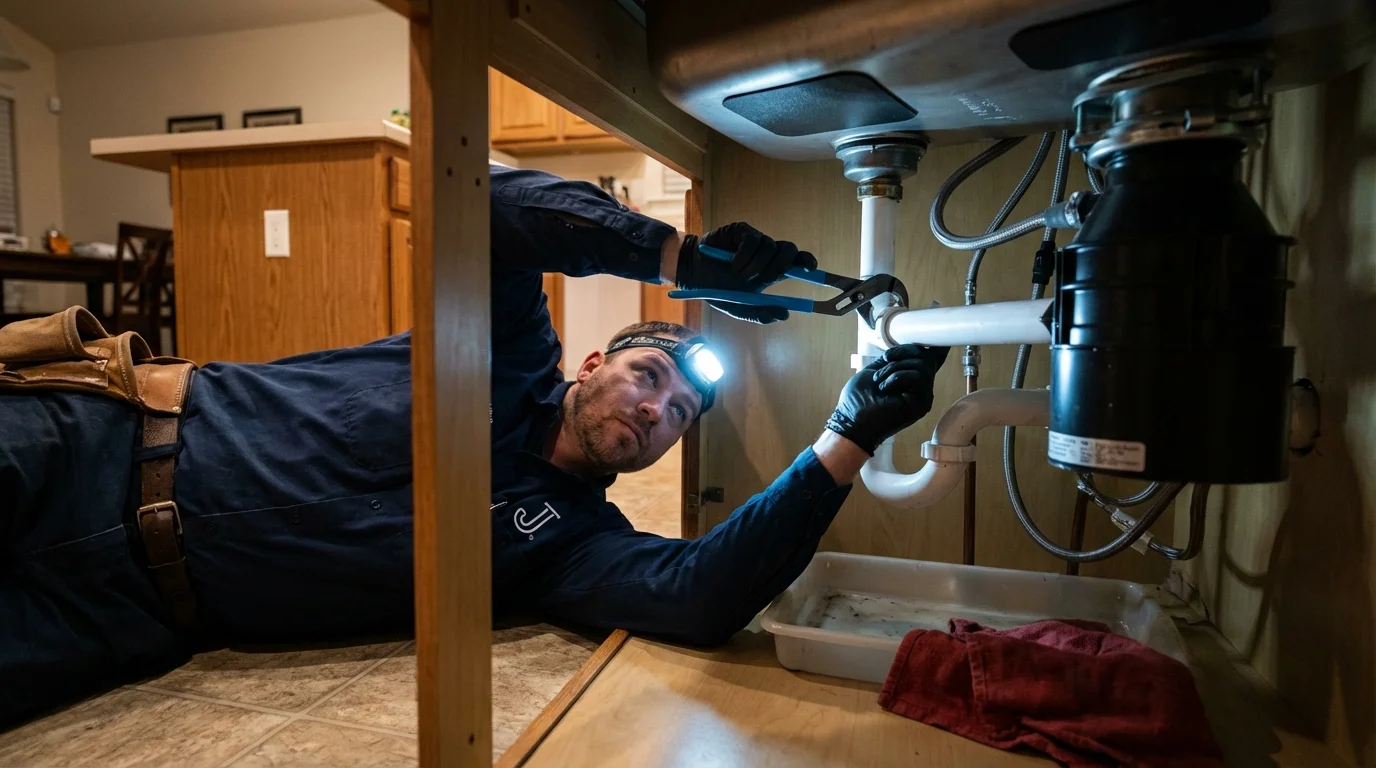 P-trap and supply line connections under a kitchen sink showing a common leak point in Pelican Rapids, MN